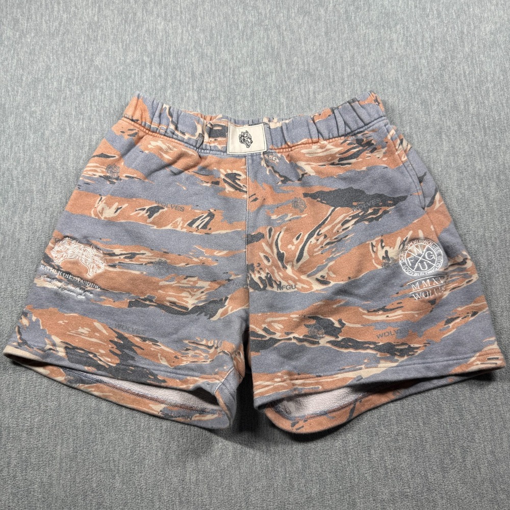 Darc Sport Shorts Mens L Orange Gray Tiger Camo Wolves Raw Hem Fleece Sweat Gym